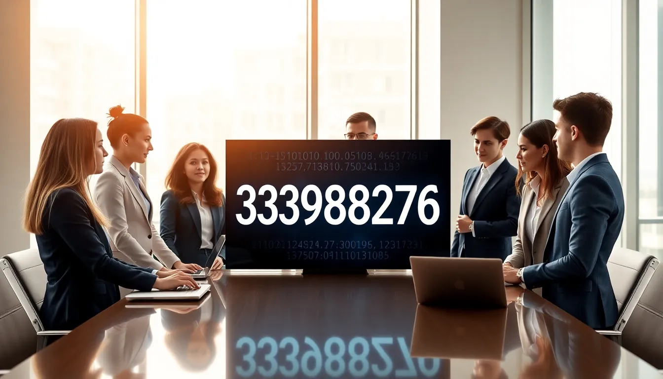 professionals discussing a digital display of the number 3339882767 in an office.